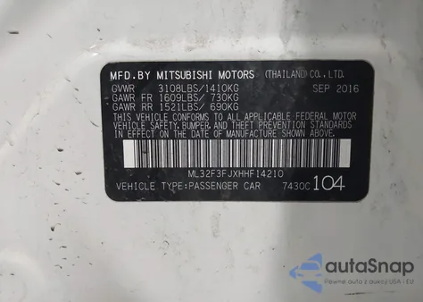 2017 Mitsubishi Mirage G4 Es z USA, uszkodzony, nr VIN ML32F3FJXHHF14210